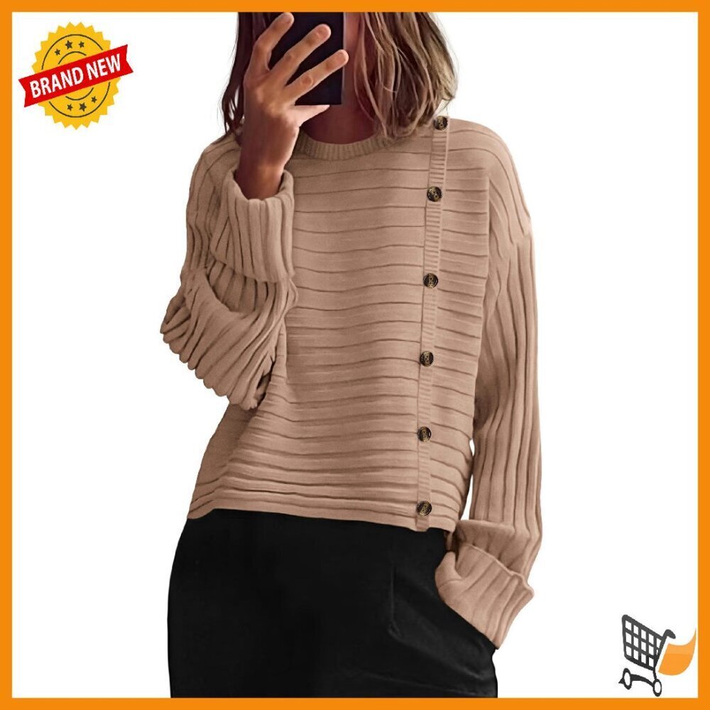Women's Crewneck Knit Pullover Sweater Long Sleeve Loose Fit Button Detail